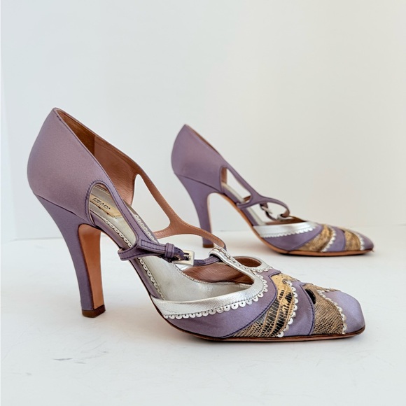 Prada Shoes - Prada Vintage Lilac Satin Snakeskin Trim Cutout Mary Jane T-Strap Heels EU38